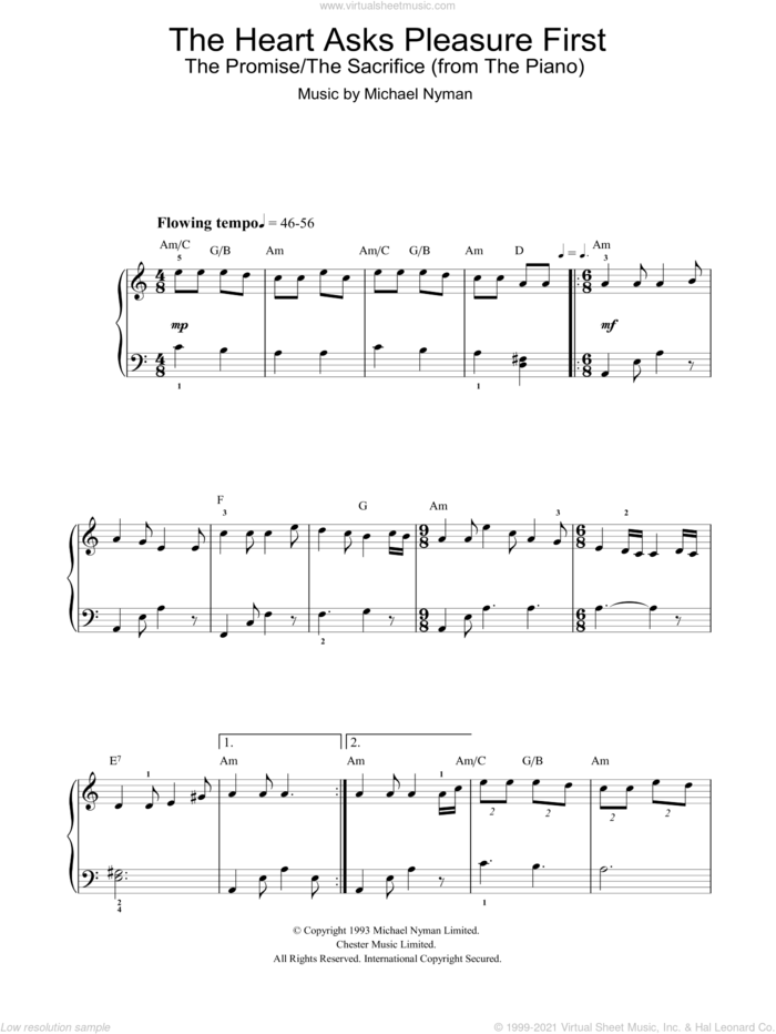 The Heart Asks Pleasure First: The Promise / The Sacrifice sheet music for piano solo by Michael Nyman and The Piano (Movie), intermediate skill level