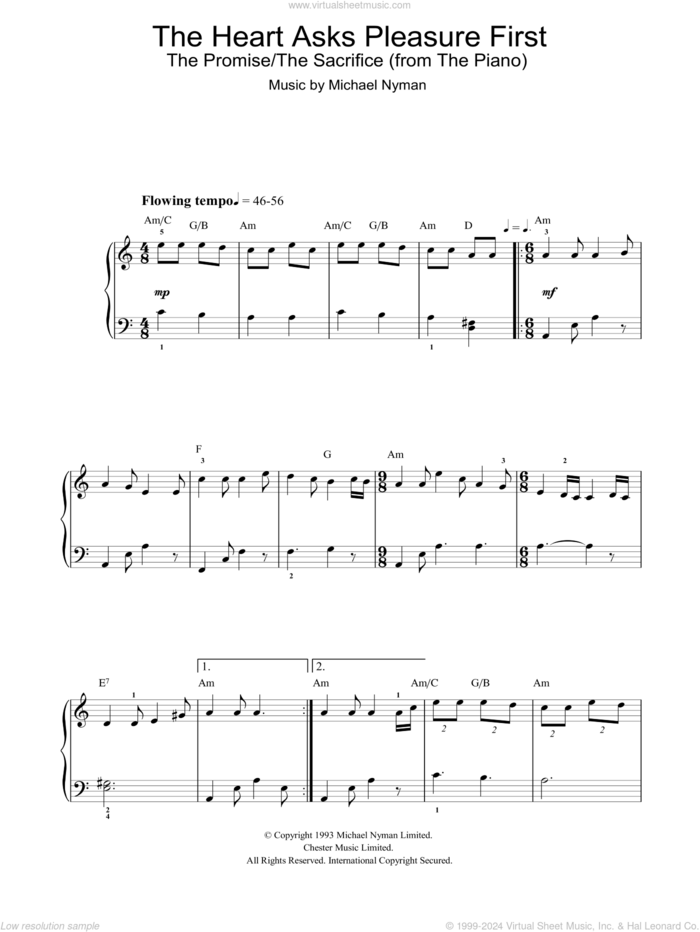 The Heart Asks Pleasure First: The Promise / The Sacrifice sheet music for piano solo by Michael Nyman and The Piano (Movie), intermediate skill level