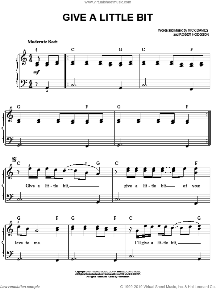 Give A Little Bit, (easy) sheet music for piano solo by Supertramp, Rick Davies and Roger Hodgson, easy skill level