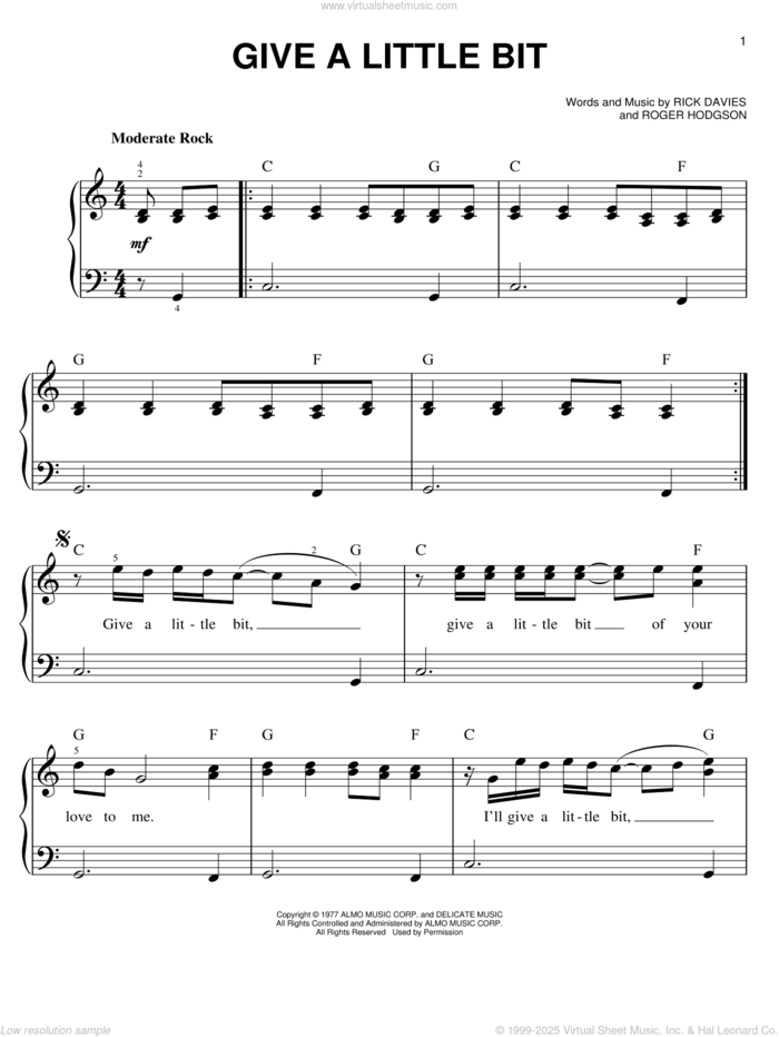 Give A Little Bit, (easy) sheet music for piano solo by Supertramp, Rick Davies and Roger Hodgson, easy skill level