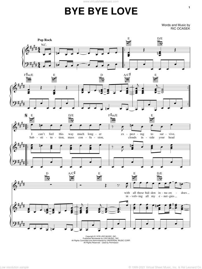 Bye Bye Love sheet music for voice, piano or guitar by The Cars and Ric Ocasek, intermediate skill level