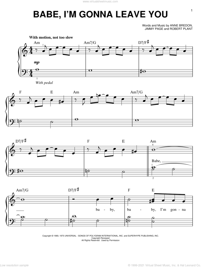 Babe, I'm Gonna Leave You sheet music for piano solo by Led Zeppelin, Great White, Anne Bredon, Jimmy Page and Robert Plant, easy skill level