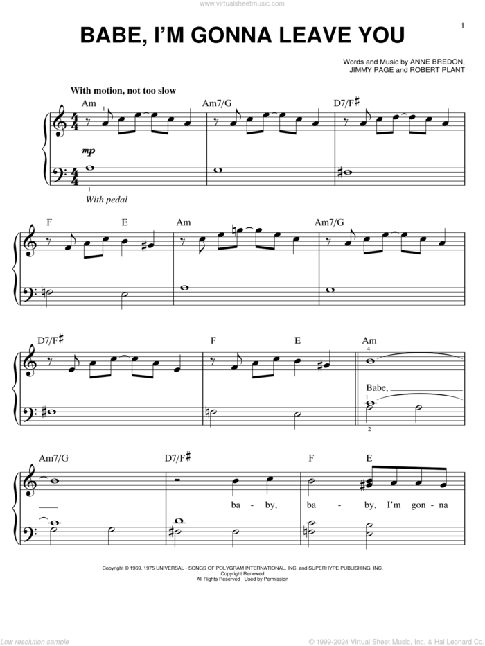 Babe, I'm Gonna Leave You sheet music for piano solo by Led Zeppelin, Great White, Anne Bredon, Jimmy Page and Robert Plant, easy skill level