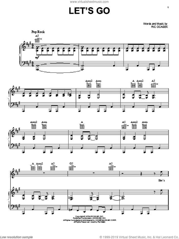 Let's Go sheet music for voice, piano or guitar by The Cars and Ric Ocasek, intermediate skill level