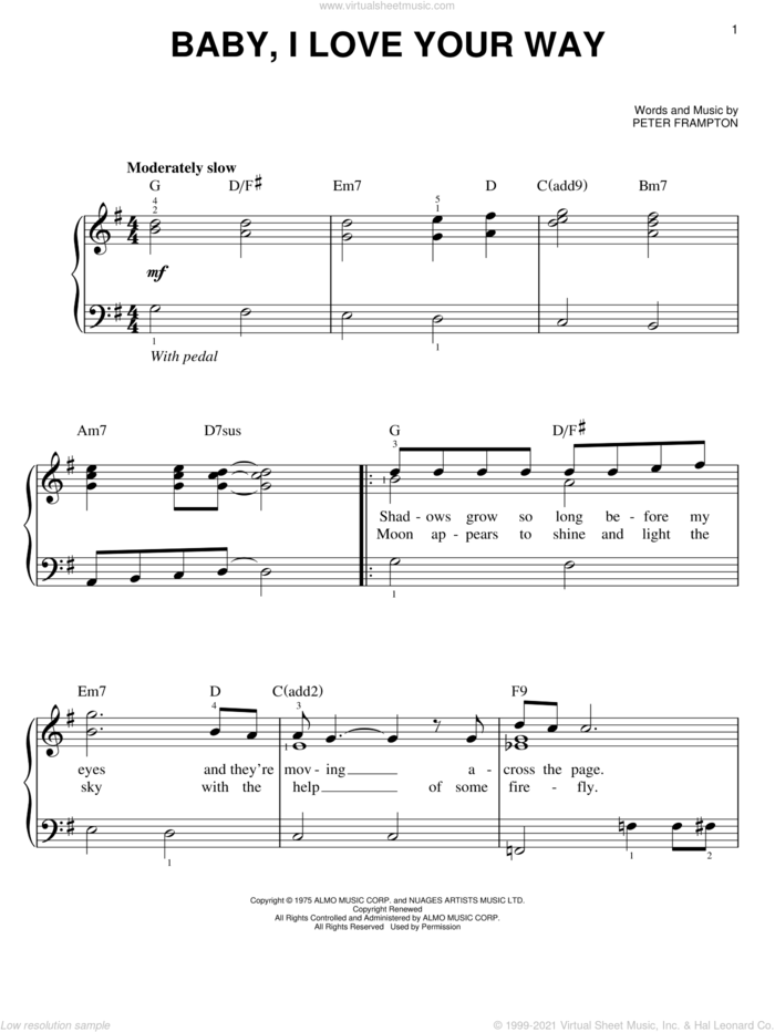 Baby, I Love Your Way, (easy) sheet music for piano solo by Peter Frampton, easy skill level