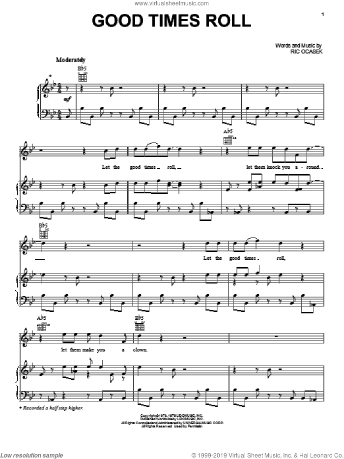 Good Times Roll sheet music for voice, piano or guitar by The Cars and Ric Ocasek, intermediate skill level