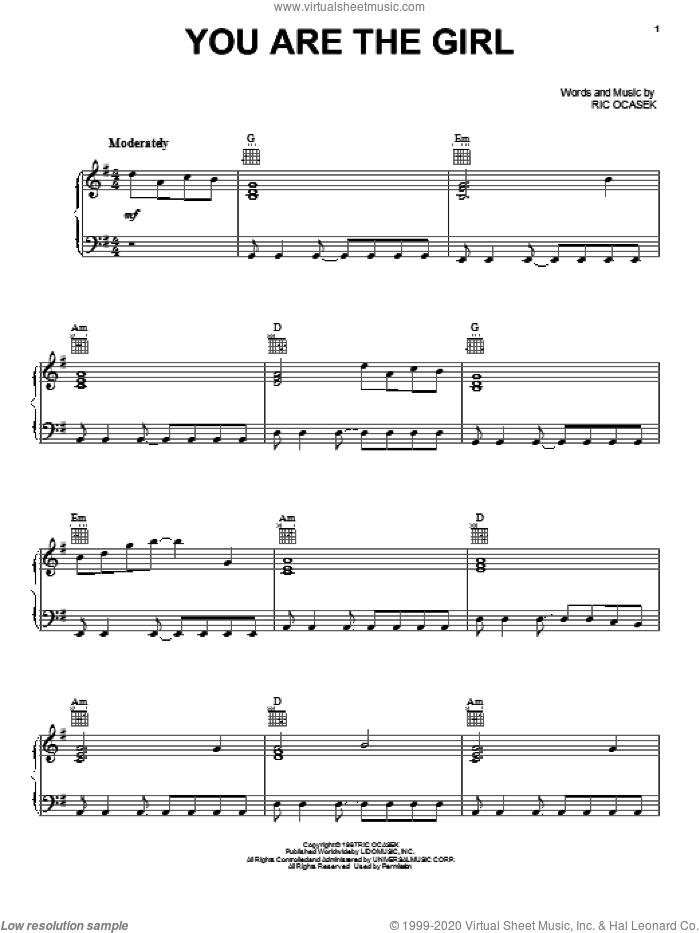 You Are The Girl sheet music for voice, piano or guitar by The Cars and Ric Ocasek, intermediate skill level