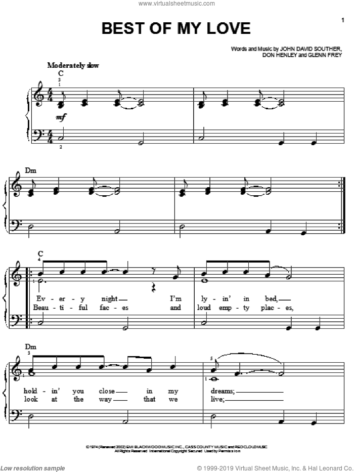 Best Of My Love sheet music for piano solo by Don Henley, The Eagles, Glenn Frey and John David Souther, easy skill level