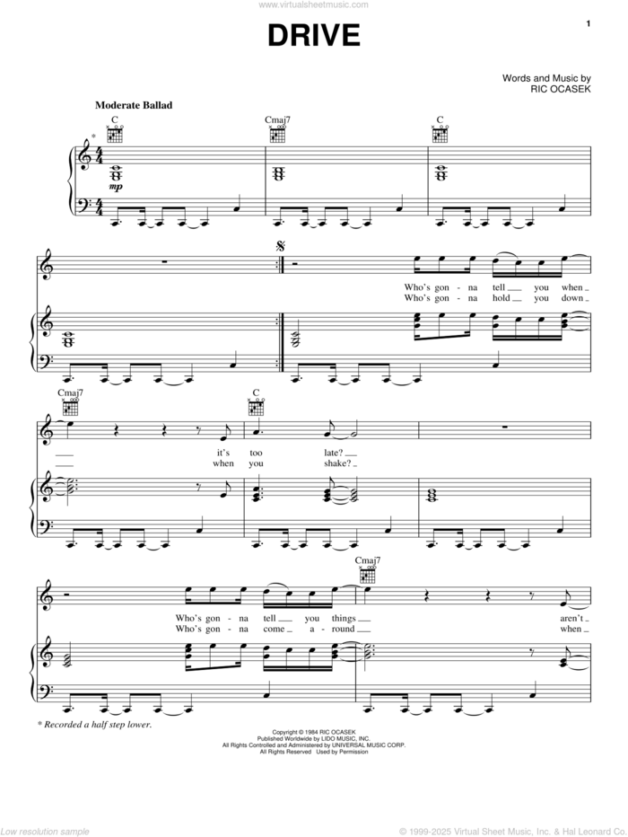 Drive sheet music for voice, piano or guitar by The Cars and Ric Ocasek, intermediate skill level