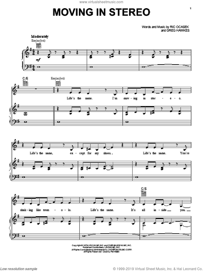 Moving In Stereo sheet music for voice, piano or guitar by The Cars, Greg Hawkes and Ric Ocasek, intermediate skill level