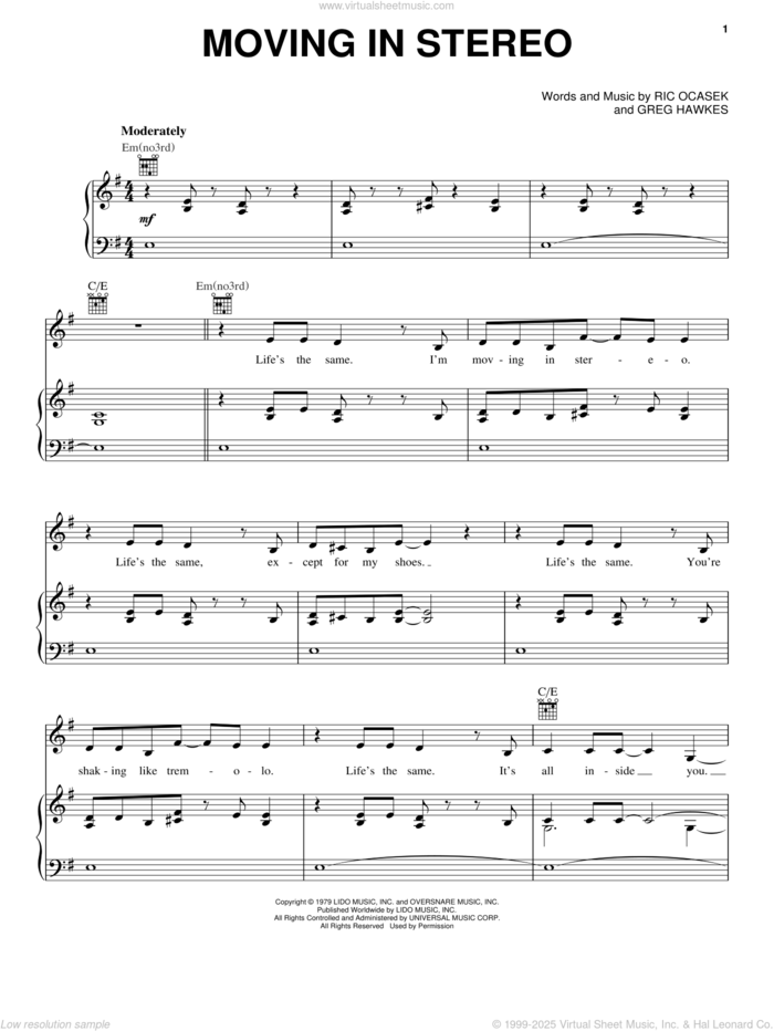 Moving In Stereo sheet music for voice, piano or guitar by The Cars, Greg Hawkes and Ric Ocasek, intermediate skill level