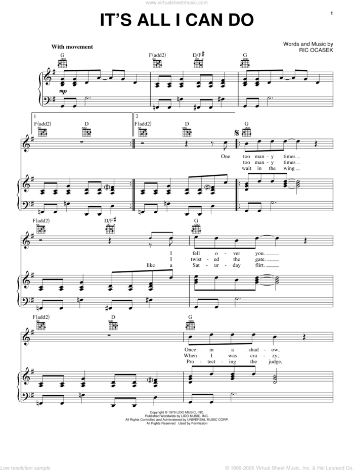 It's All I Can Do sheet music for voice, piano or guitar by The Cars and Ric Ocasek, intermediate skill level