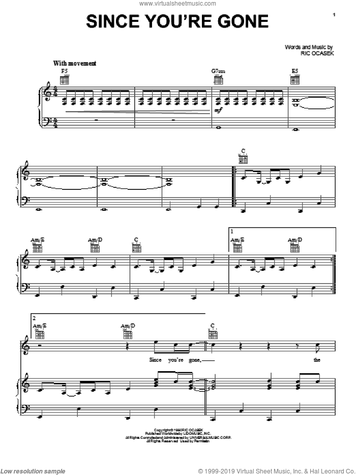 Since You're Gone sheet music for voice, piano or guitar by The Cars and Ric Ocasek, intermediate skill level