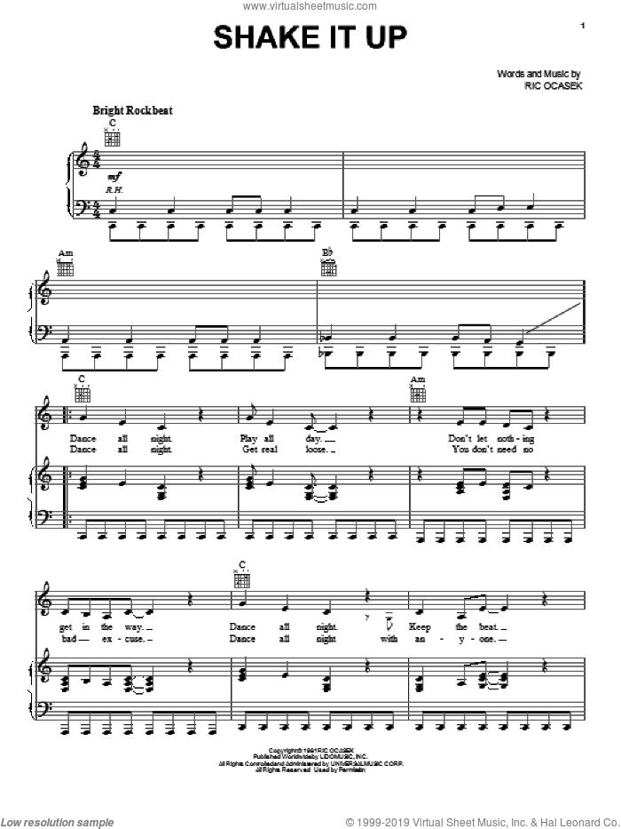 Shake It Up sheet music for voice, piano or guitar by The Cars and Ric Ocasek, intermediate skill level