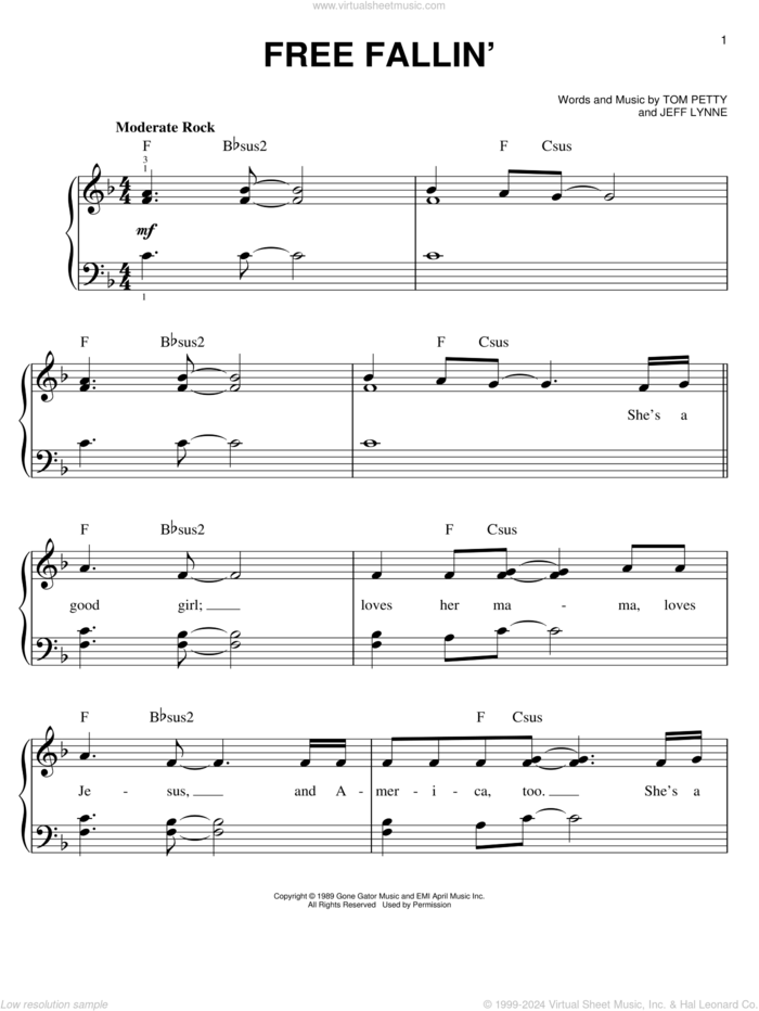 Free Fallin' sheet music for piano solo by Tom Petty and Jeff Lynne, easy skill level