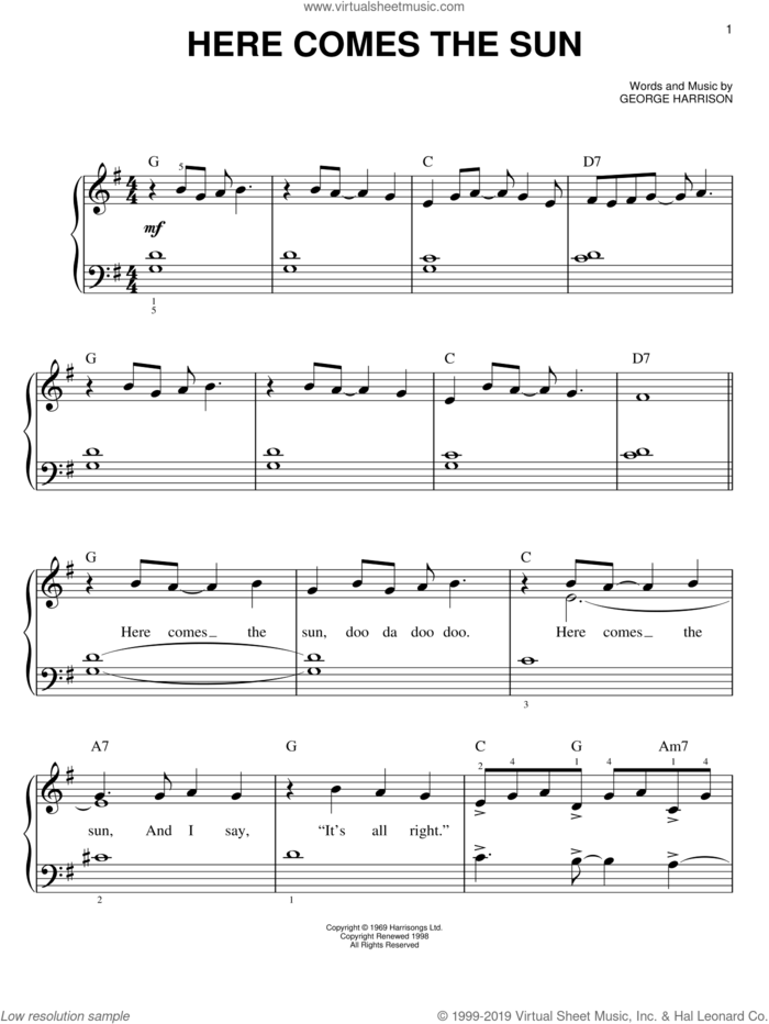 Here Comes The Sun, (easy) sheet music for piano solo by The Beatles and George Harrison, easy skill level