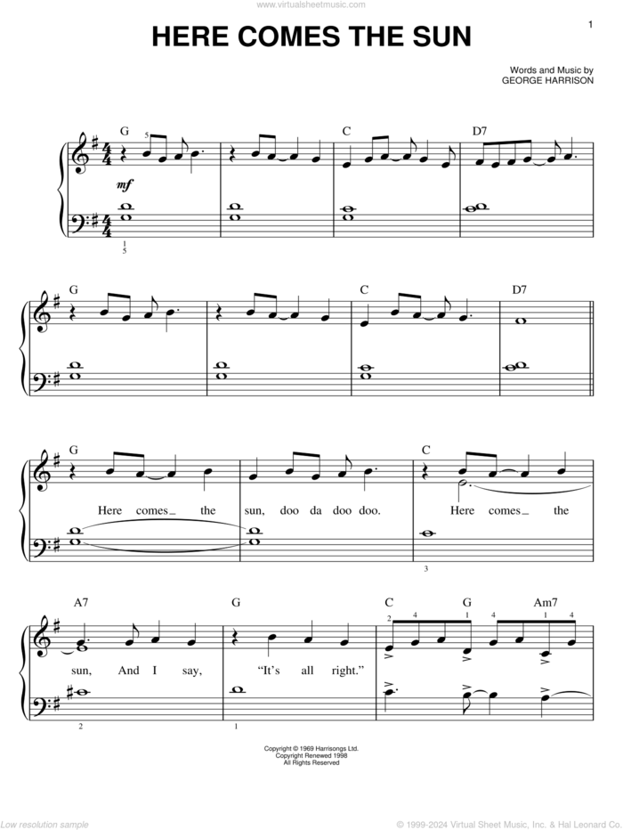 Here Comes The Sun, (easy) sheet music for piano solo by The Beatles and George Harrison, easy skill level