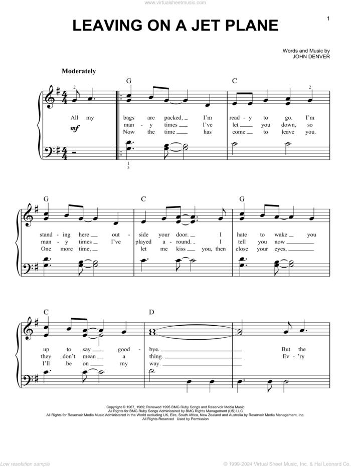 Leaving On A Jet Plane, (easy) sheet music for piano solo by John Denver and Peter, Paul & Mary, easy skill level