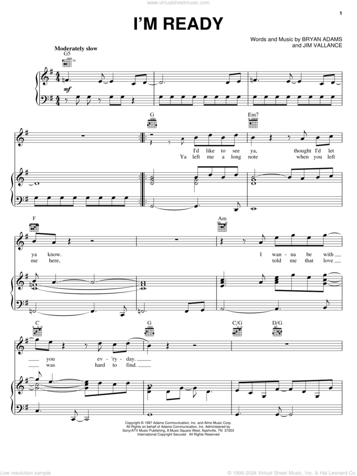 I'm Ready sheet music for voice, piano or guitar by Bryan Adams and Jim Vallance, intermediate skill level