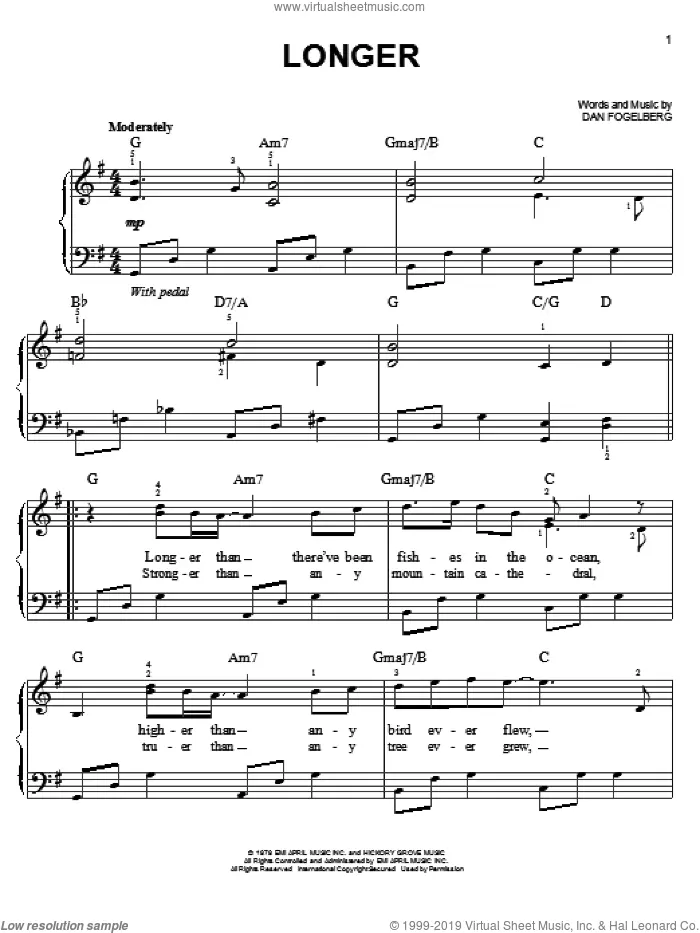 Longer, (easy) sheet music for piano solo by Dan Fogelberg, wedding score, easy skill level