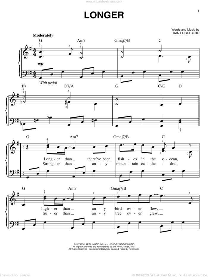 Longer, (easy) sheet music for piano solo by Dan Fogelberg, wedding score, easy skill level