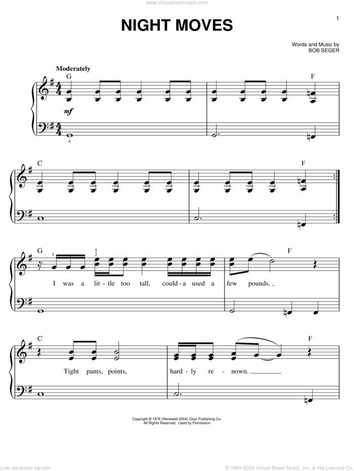 Night Moves sheet music for piano solo by Bob Seger, easy skill level