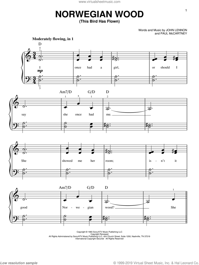 Norwegian Wood (This Bird Has Flown), (beginner) sheet music for piano solo by The Beatles, John Lennon and Paul McCartney, beginner skill level