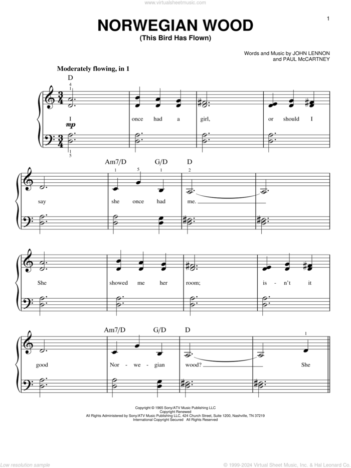 Norwegian Wood (This Bird Has Flown), (beginner) sheet music for piano solo by The Beatles, John Lennon and Paul McCartney, beginner skill level