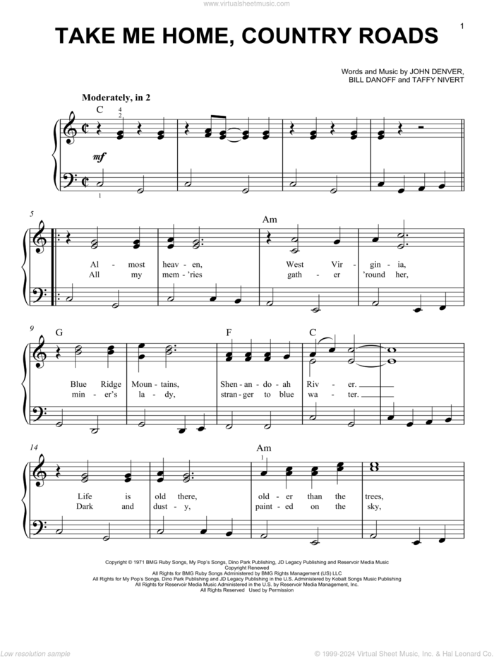 Take Me Home, Country Roads, (easy) sheet music for piano solo by John Denver, Bill Danoff and Taffy Nivert, easy skill level