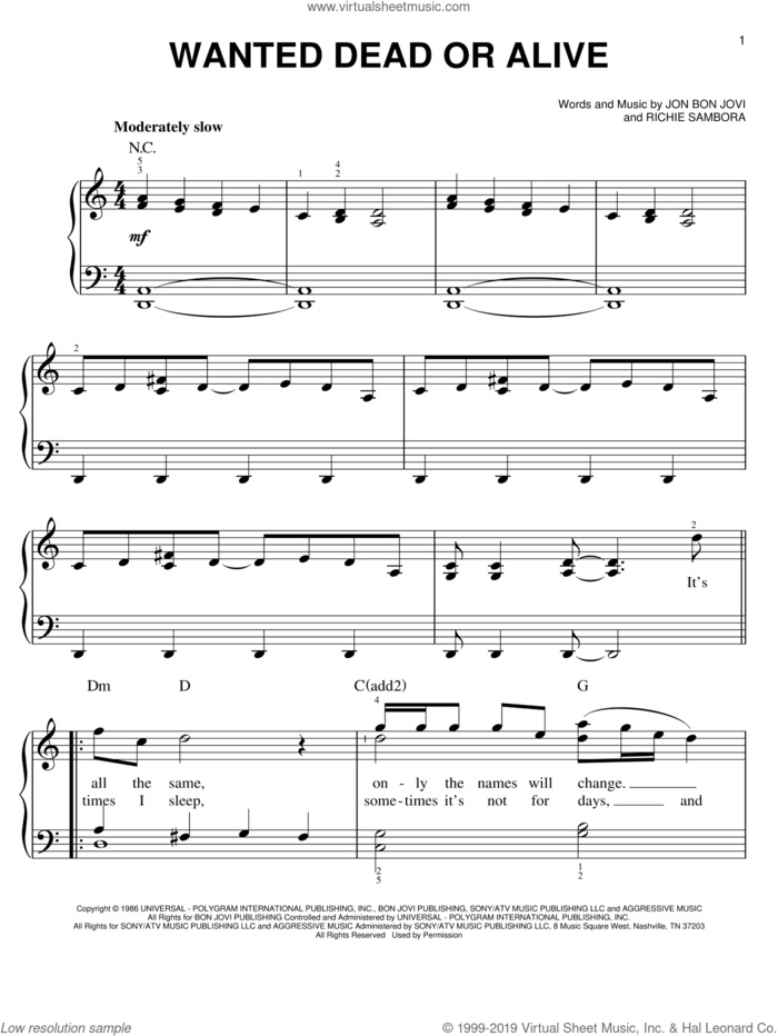 Wanted Dead Or Alive, (easy) sheet music for piano solo by Bon Jovi and Richie Sambora, easy skill level