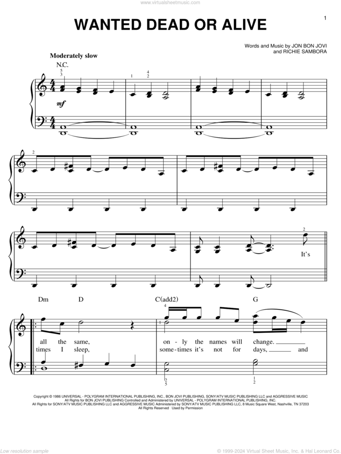 Wanted Dead Or Alive, (easy) sheet music for piano solo by Bon Jovi and Richie Sambora, easy skill level