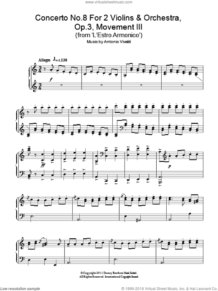 Concerto No.8 For 2 Violins and Orchestra, Op.3, Movement III sheet music for piano solo by Antonio Vivaldi, classical score, intermediate skill level