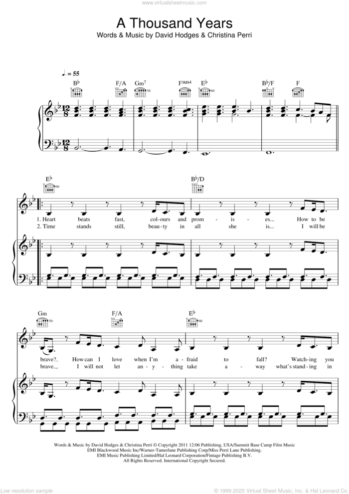 A Thousand Years sheet music for voice, piano or guitar by Christina Perri, David Hodges and William Simmons, wedding score, intermediate skill level