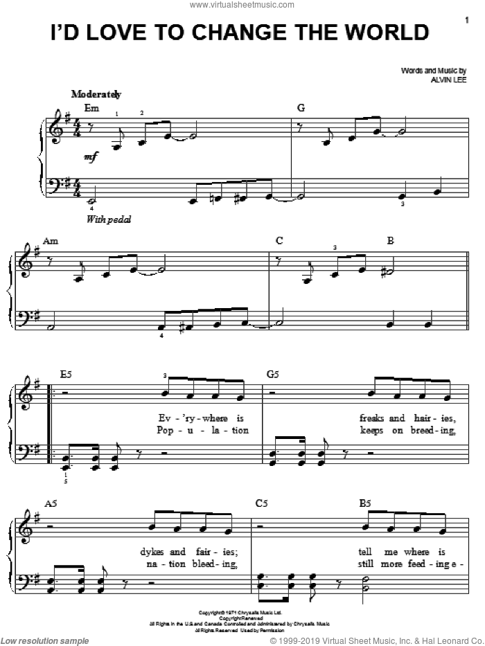 I'd Love To Change The World sheet music for piano solo by Ten Years After and Alvin Lee, easy skill level