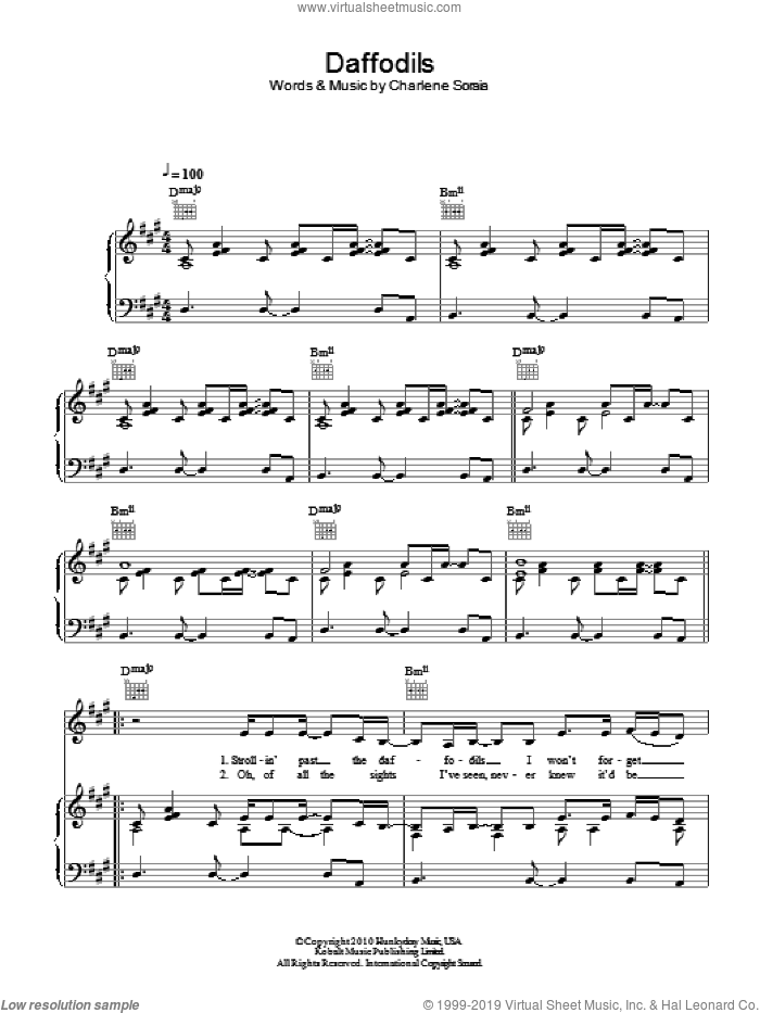 Daffodils sheet music for voice, piano or guitar by Charlene Soraia, intermediate skill level
