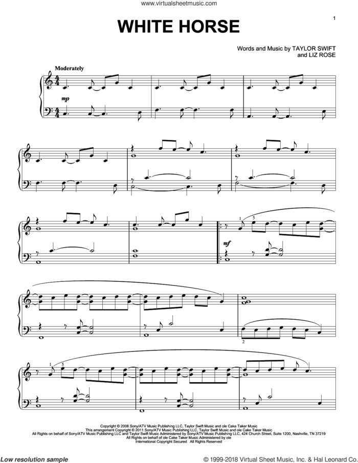 White Horse, (intermediate) sheet music for piano solo by Taylor Swift and Liz Rose, intermediate skill level