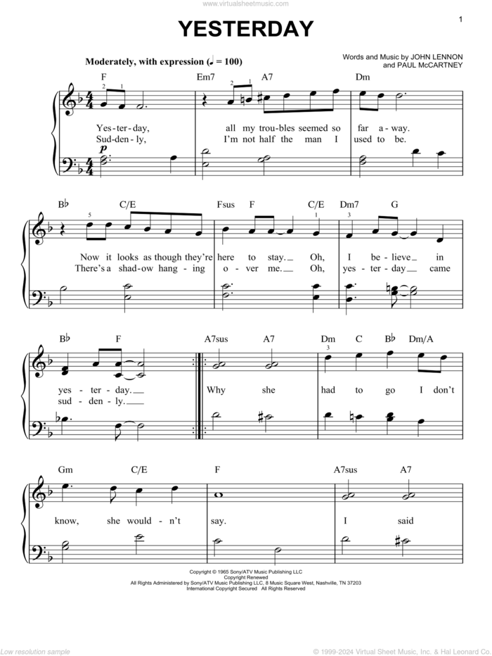 Yesterday sheet music for piano solo by The Beatles, John Lennon and Paul McCartney, beginner skill level