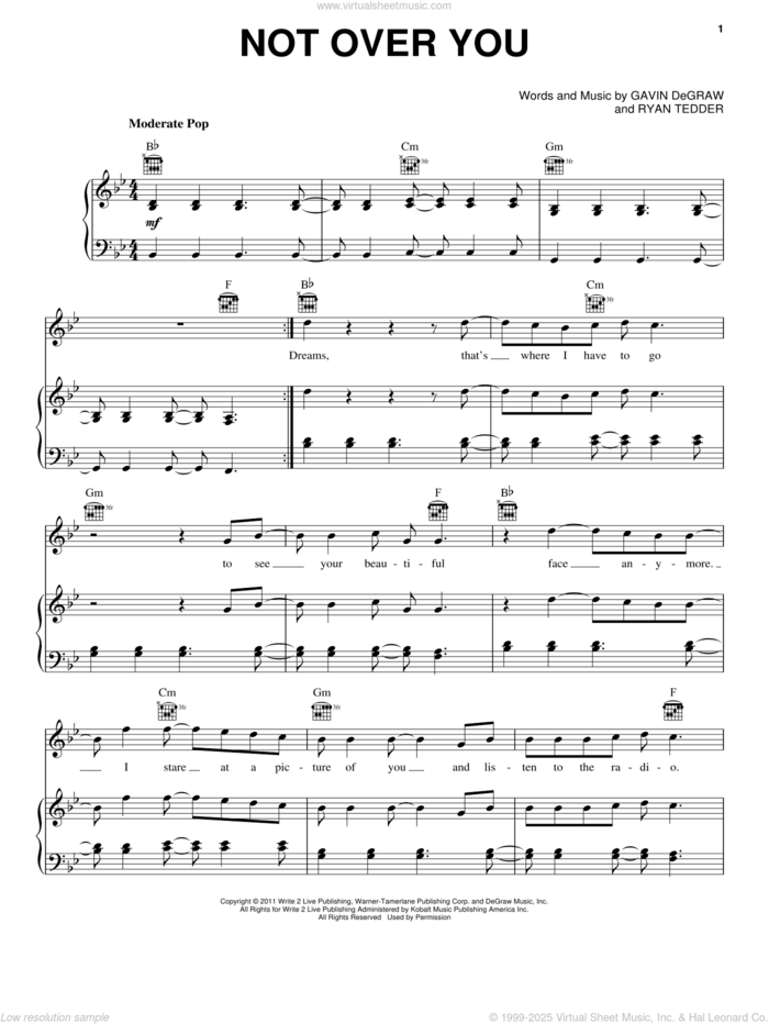 Not Over You sheet music for voice, piano or guitar by Gavin DeGraw and Ryan Tedder, intermediate skill level