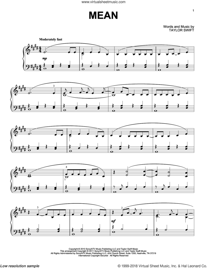 Mean, (intermediate) sheet music for piano solo by Taylor Swift, intermediate skill level