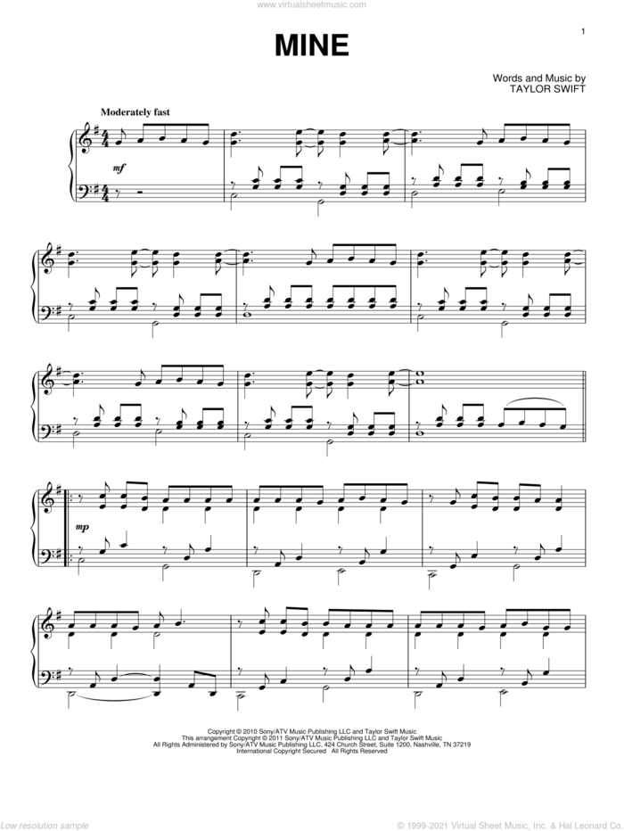 Mine, (intermediate) sheet music for piano solo by Taylor Swift, intermediate skill level