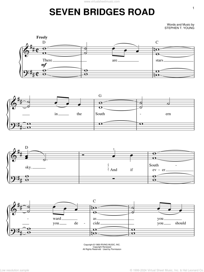 Seven Bridges Road, (easy) sheet music for piano solo by Stephen T. Young and The Eagles, easy skill level