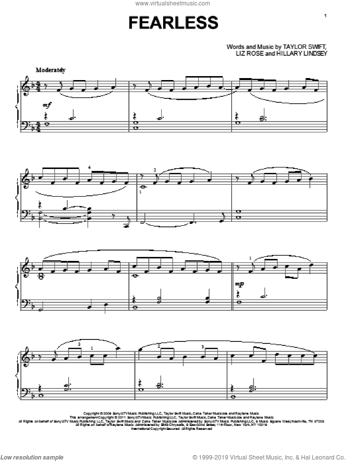 Fearless sheet music for piano solo by Taylor Swift, Hillary Lindsey and Liz Rose, intermediate skill level