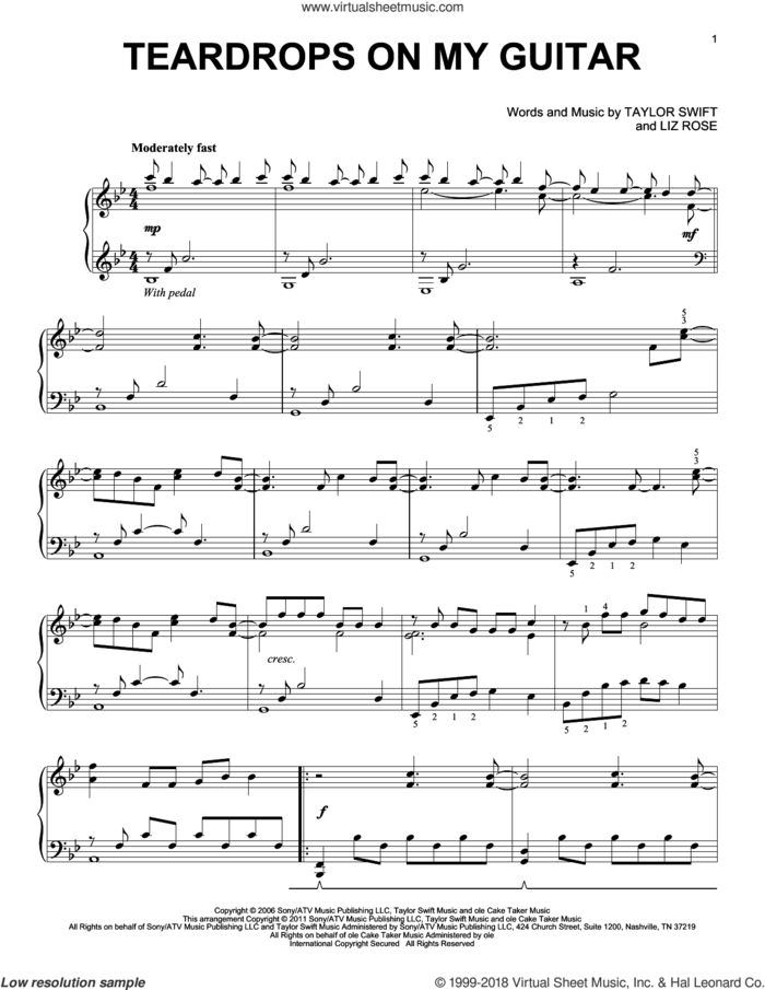 Teardrops On My Guitar sheet music for piano solo by Taylor Swift and Liz Rose, intermediate skill level