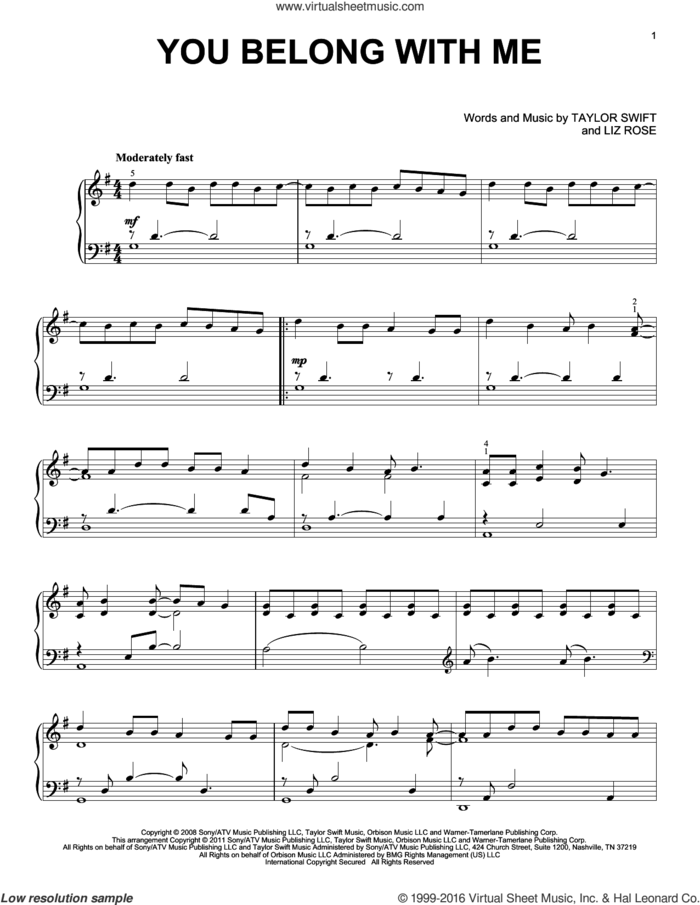 You Belong With Me, (intermediate) sheet music for piano solo by Taylor Swift and Liz Rose, intermediate skill level