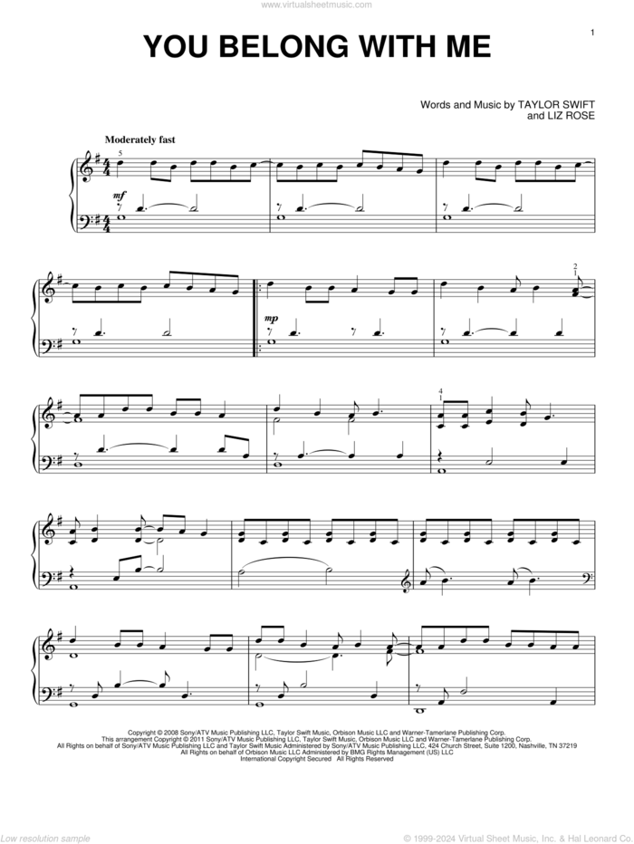 You Belong With Me, (intermediate) sheet music for piano solo by Taylor Swift and Liz Rose, intermediate skill level