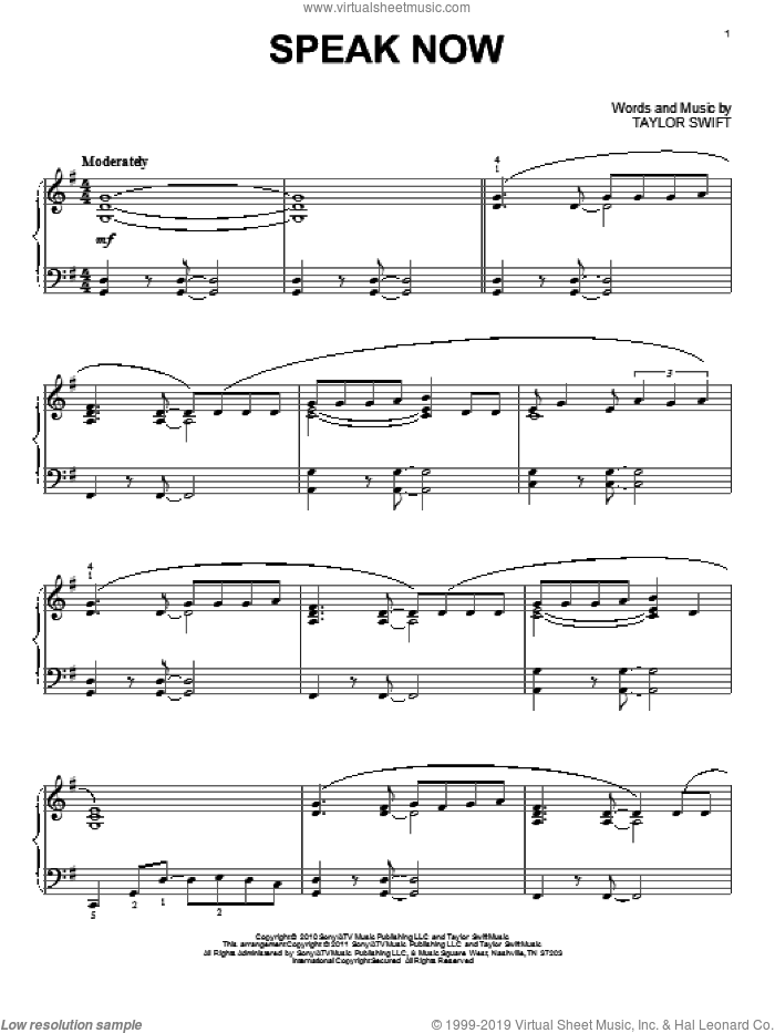Speak Now, (intermediate) sheet music for piano solo by Taylor Swift, intermediate skill level