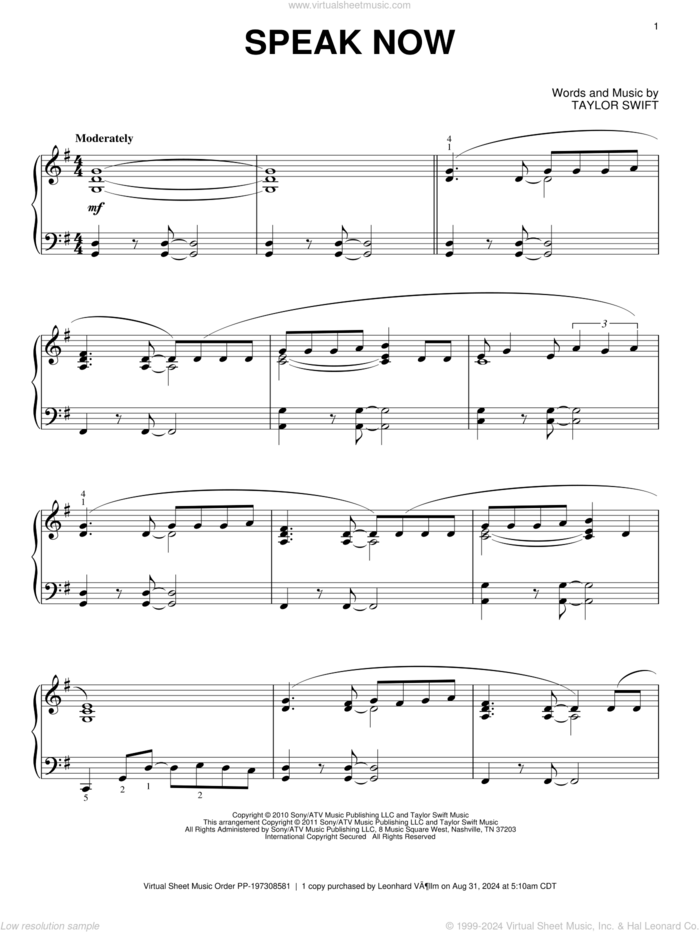 Speak Now, (intermediate) sheet music for piano solo by Taylor Swift, intermediate skill level