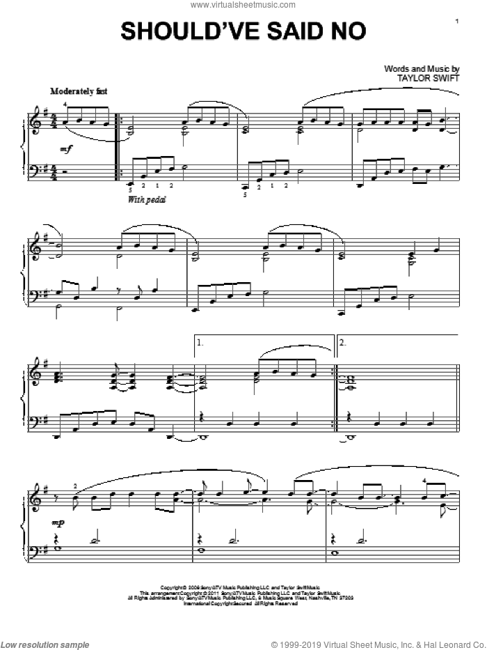 Should've Said No sheet music for piano solo by Taylor Swift, intermediate skill level
