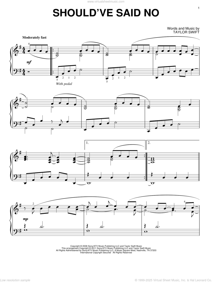 Should've Said No sheet music for piano solo by Taylor Swift, intermediate skill level