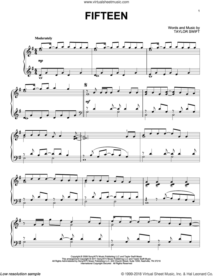 Fifteen, (intermediate) sheet music for piano solo by Taylor Swift, intermediate skill level